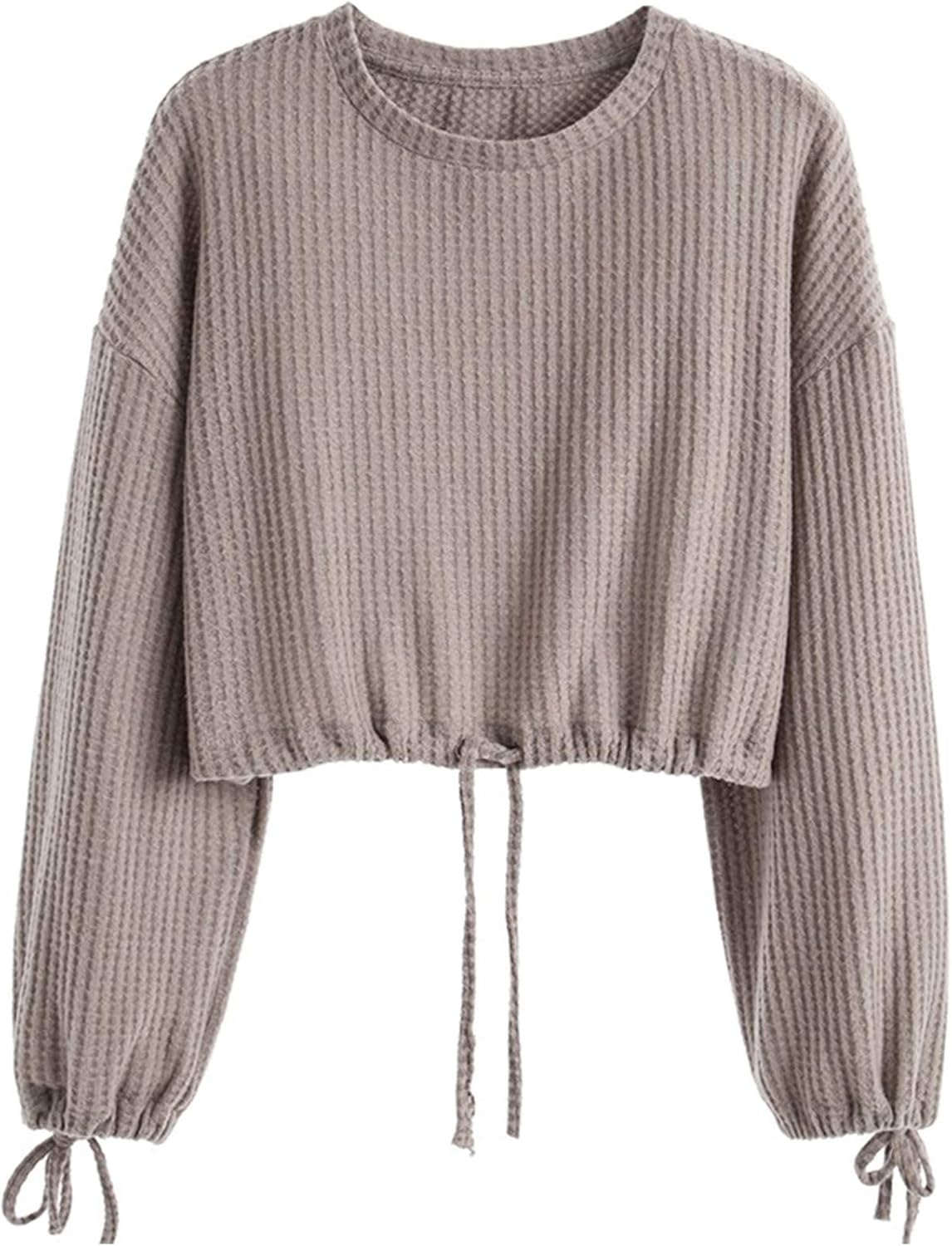 Women's Knit Long Sleeve Waffle Top Round Neck Sweater Loose Top (Grey, M) at Amazon Womenâs 