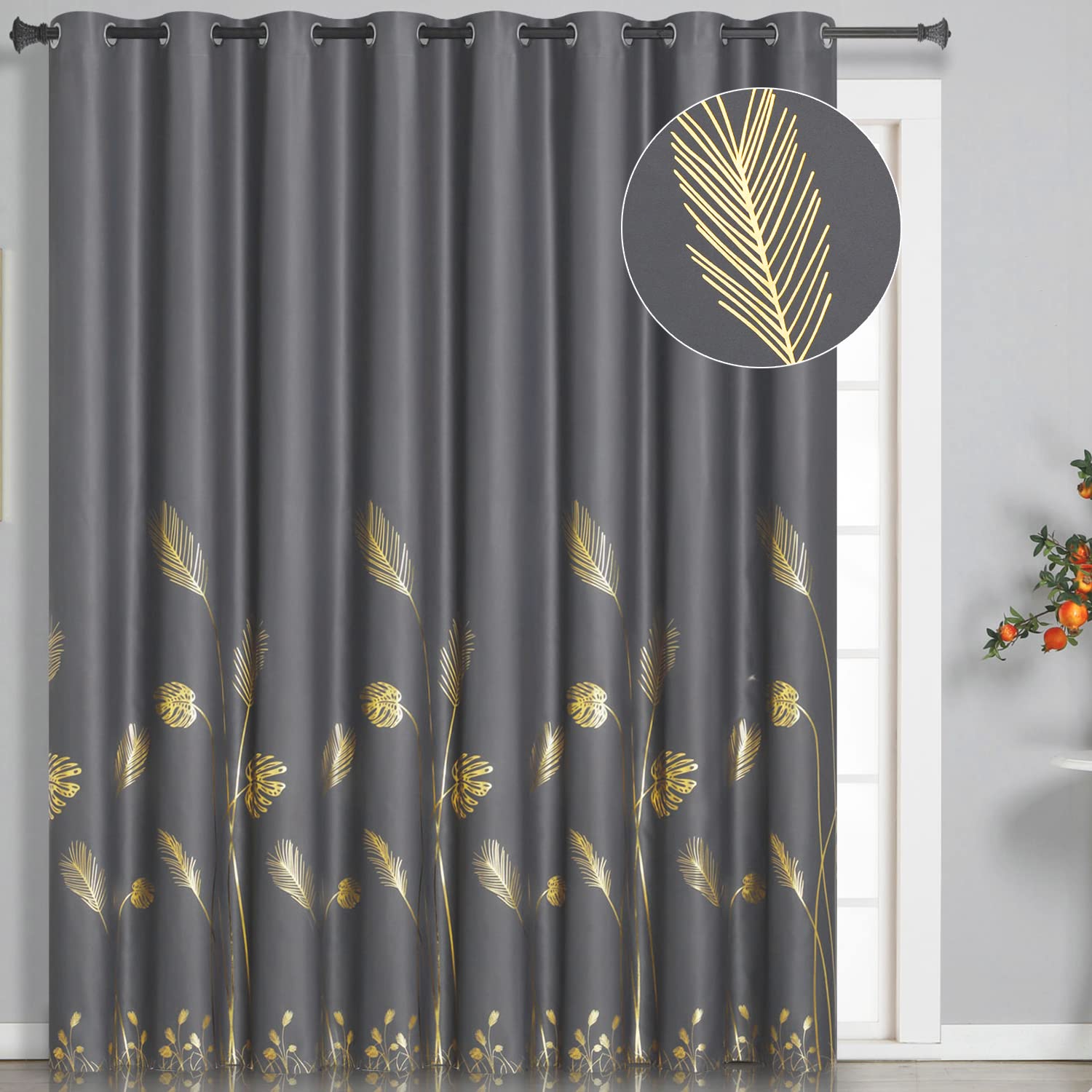 Estelar Textiler Curtain for Sliding Glass Door 100W x 96L Inch Gold Palm Tree Printed Curtain Thermal Insulated Blackout Curtain for Dining Room, 8.3ft Wide x 8ft Long, Dark Grey, 1 Panel Image