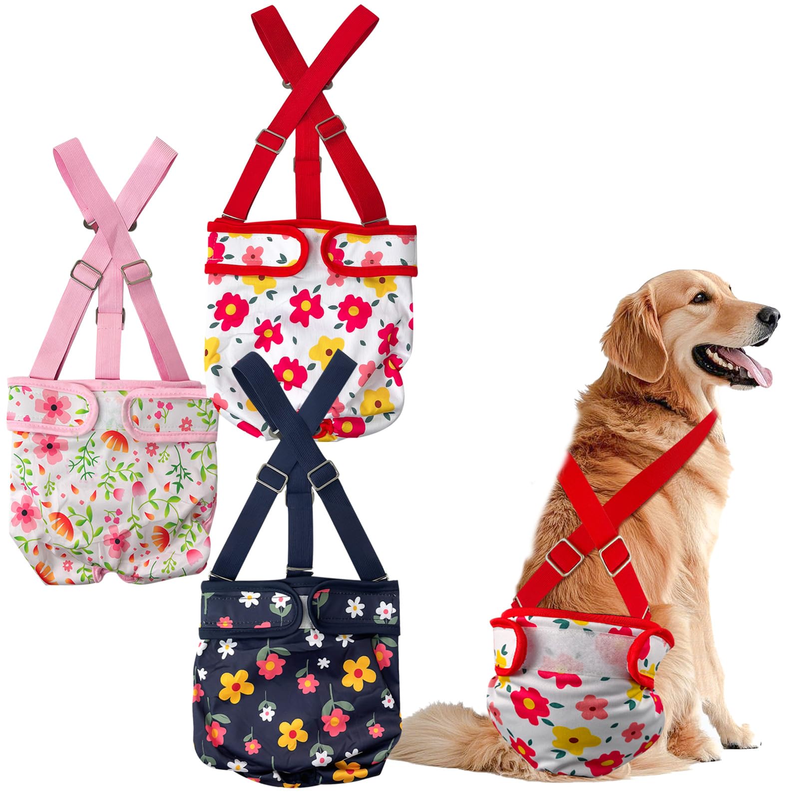 Photo 1 of 3 Pack Washable Female Dog Diaper with Suspender,Reusable Fixed Doggie Diapers Super Absorbent Leakproof for Small Medium Large Dog in Heat Cycle-XXL