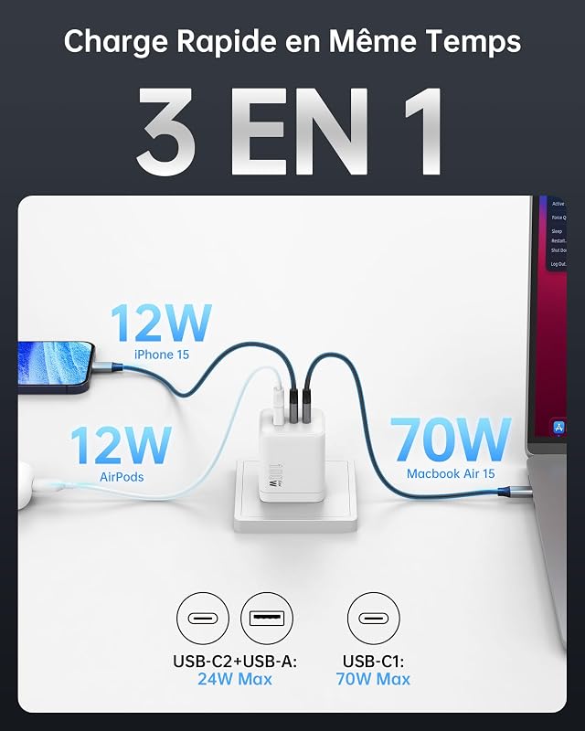 - Carregador rápido USB-C de 100W, conector USB C de 3 portas, adaptador compatível com iPhone 16 Plus Pro MAX, Galaxy PPS 45W, S24 Ultra, S23, S22, Pixel, iPad, MacBook Air, cor branca