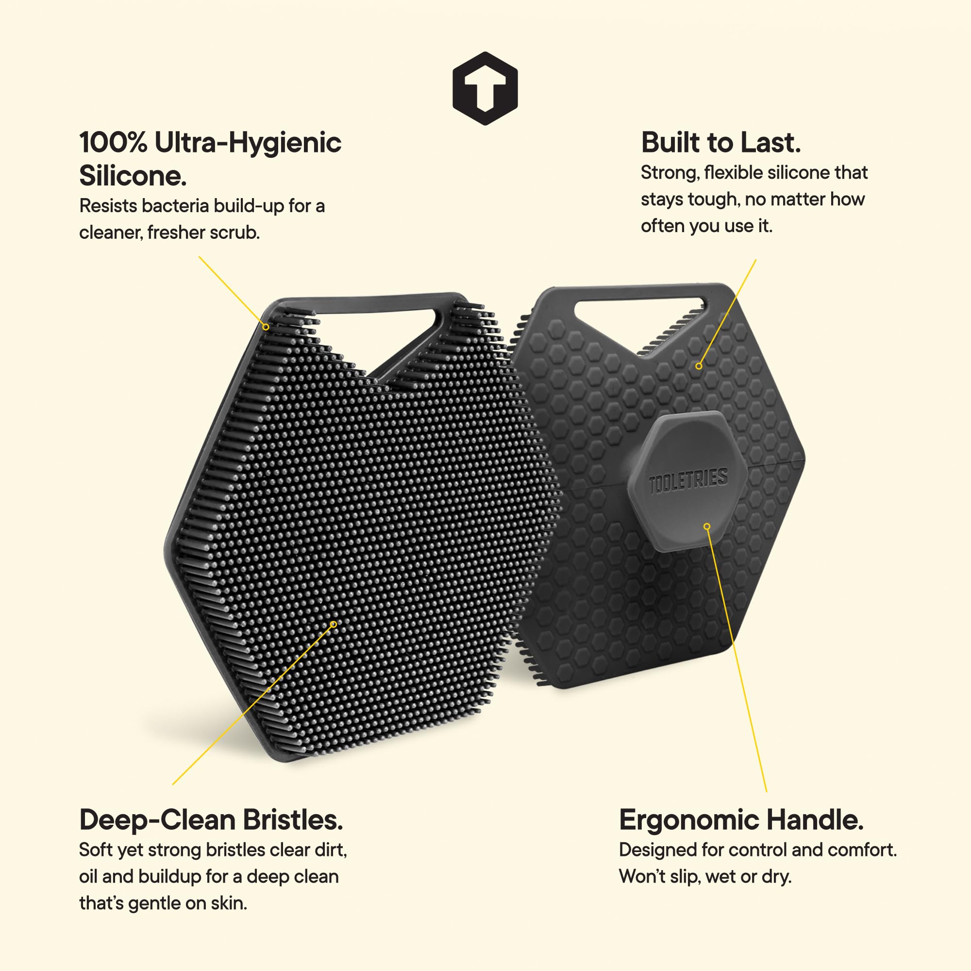 TOOLETRIES Body Scrubber 2.0 – Premium Silicone Scrubber for Cleaning, Exfoliating Your Skin – Extra Long Lather Boosting Bristles with Ergonomic Handle, Long-Lasting & Easy to Clean - Charcoal