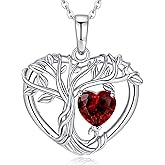 LOCIBLO Tree of Life Necklaces for Women 925 Sterling Silver Heart Pendant Birthstone Necklace Created Gemstone Jewelry for Her, 18"+2"