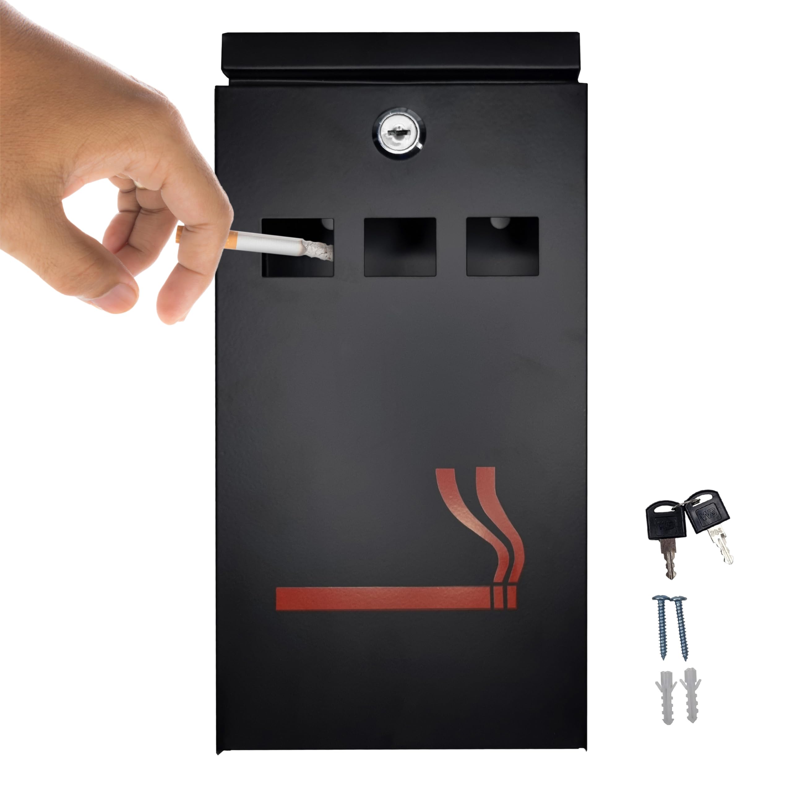 FURNISHED Outdoor Ashtray with Lid Waterproof - Large Ash Tray for Cigarette Cigar Weather Proof Wall Mounted Outside Ashtray with Lid or Bin Galvanized Steel Metal Lockable Smoking Bin, Black