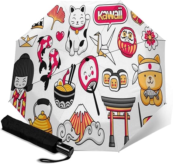 Amazon Co Jp 傘 レインウェア 折りたたみ傘 日傘 軽量 眠っているキツネマスクに乗るベクトルイラストカワイイ日本人の女の子 マネキ猫 鯉 折り紙 富士 寿司 マンガ 銀杏の葉 タイヤキ魚 晴雨兼用 耐風構造 高耐久度 超撥水 梅雨対策 収納ポーチ付き 服