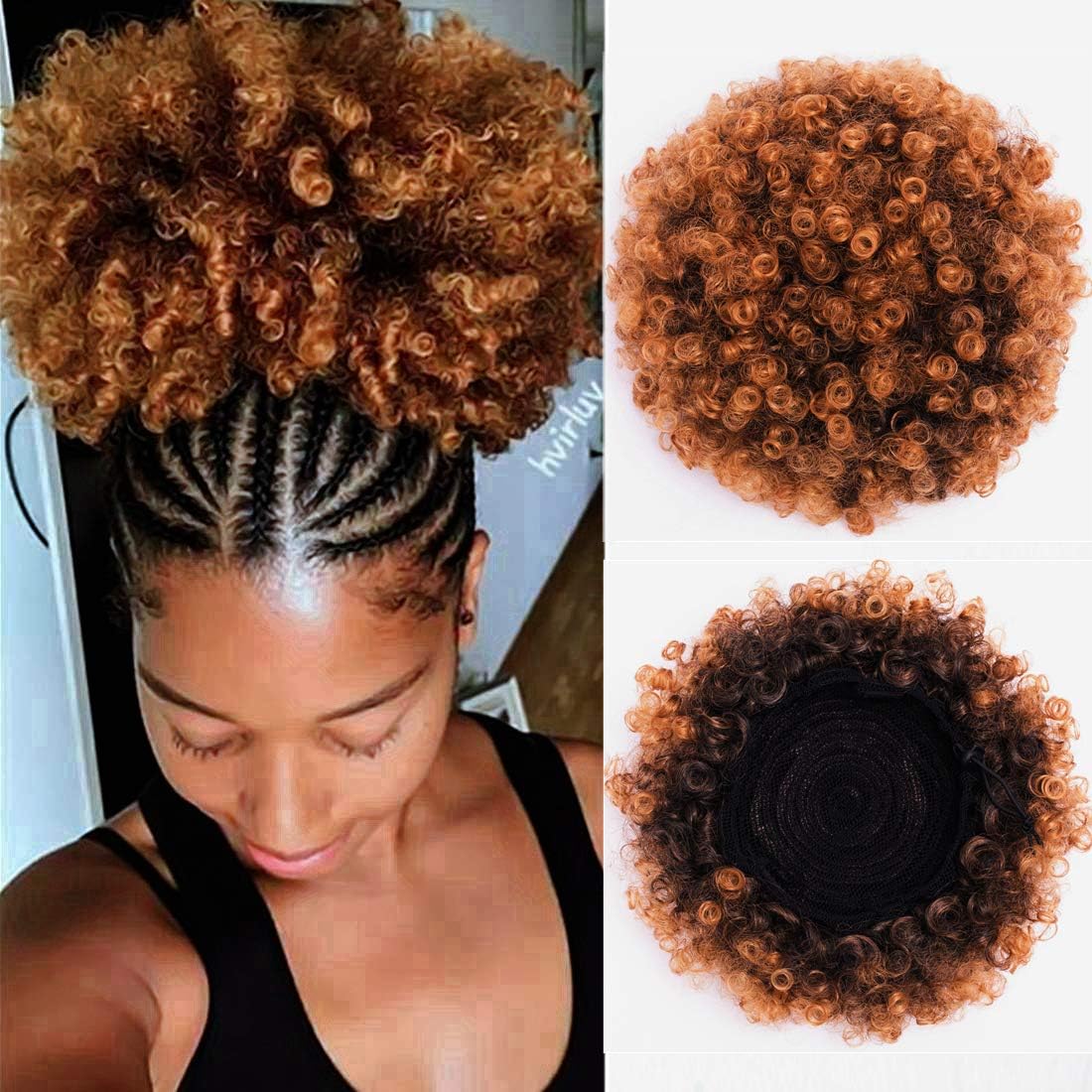 BEIRA Synthetic Afro Puff Drawstring Ponytail Short Kinky Curly Hair Bun Extension Donut Chignon Hairpieces Wig Updo Hair Extensions with Two Clips(1b/27#)