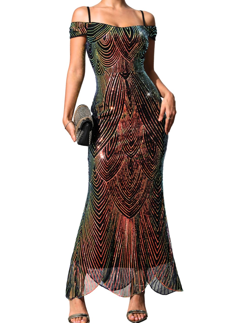 Photo 1 of (SMALL) Kaei&Shi Sequin Prom Dress,Sparkly Off Shoulder Long Formal Dresses,Evening Gowns for Women Elegant Classy Black Multicoloured Small