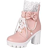 BEAUPAS Women's Platform Ankle Boots with Lace Pearl Chain Bow Chunky High Heel Goth Combat Boots