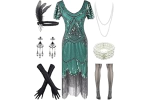 YENMILL 1920s Vintage Peacock Sequin Fringed Party Flapper Dress w 20s Accessories set