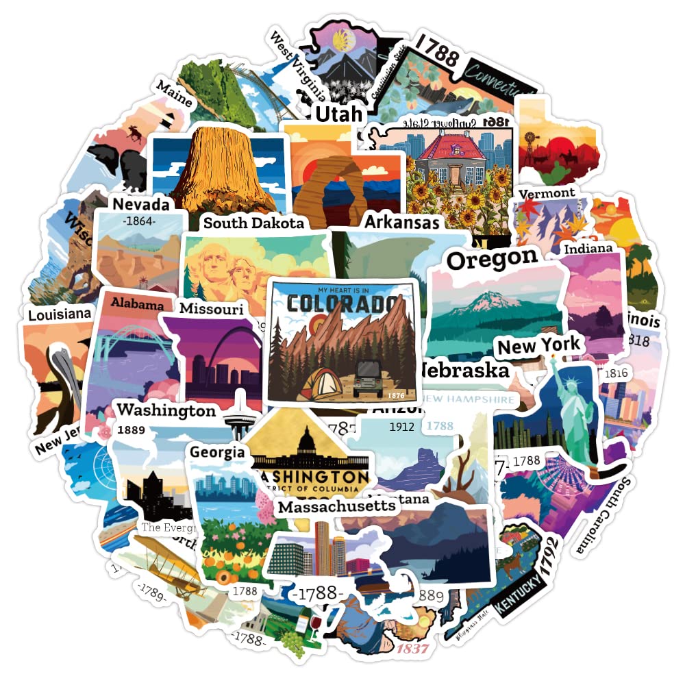Photo 1 of 51Pcs United States Map Stickers,Travel USA Waterproof Vinyl Stickers for Water Bottles Laptop Computer Phone Scrapbook, Map Sticker Gifts for Kids Teens Adults