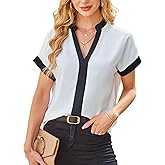 Avanova Women Color Block V Neck Short Sleeve Blouses Shirts Work Elegant Dressy Tops