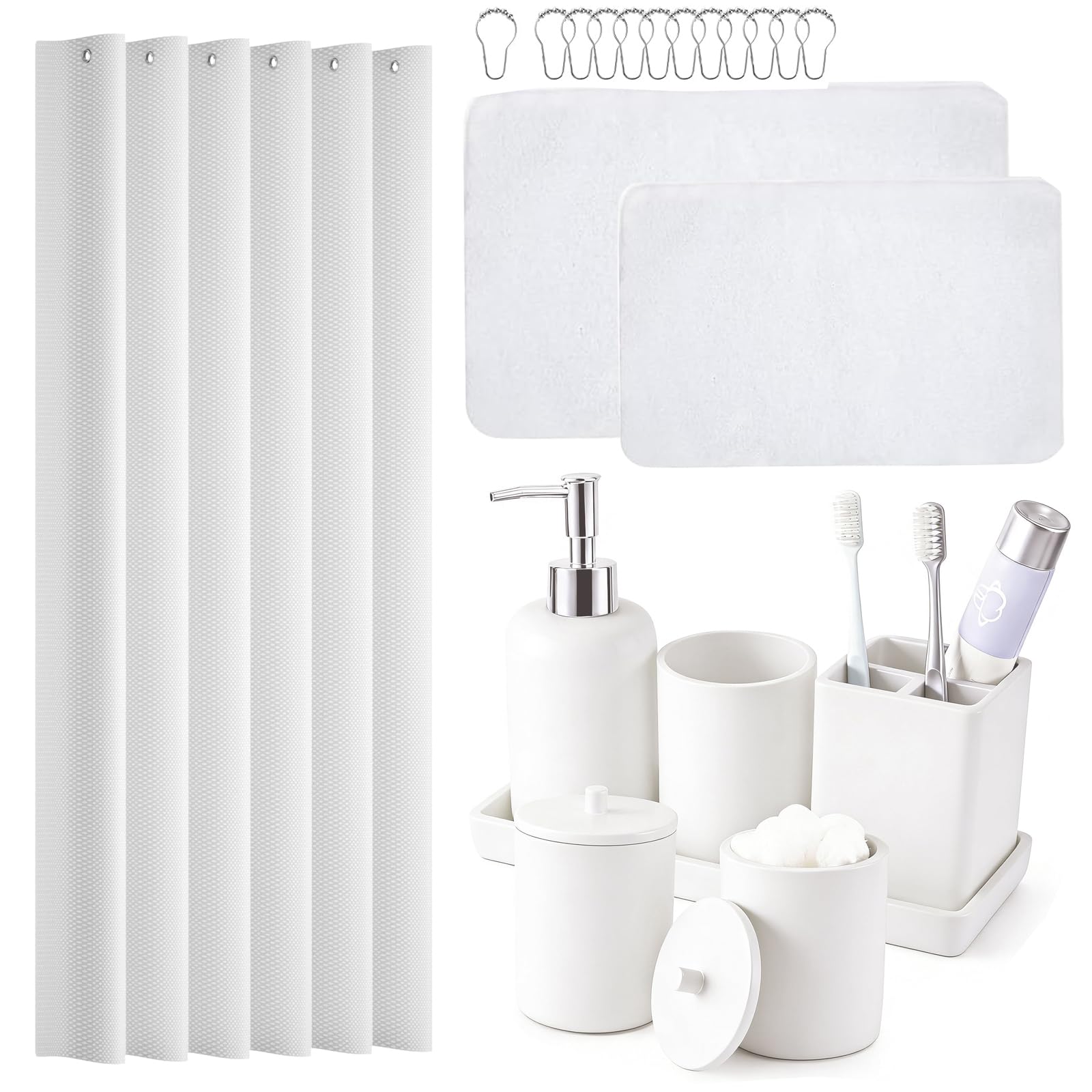 Photo 1 of **RUGS ARE PINK**21 Pcs Bathroom Accessory Set with Waterproof Shower Curtain and Non Slip Mat,Resin Bath Set with Toothbrush Holder and Lotion Soap Dispenser,Bathroom Countertop Organizer Set for Home Apartment