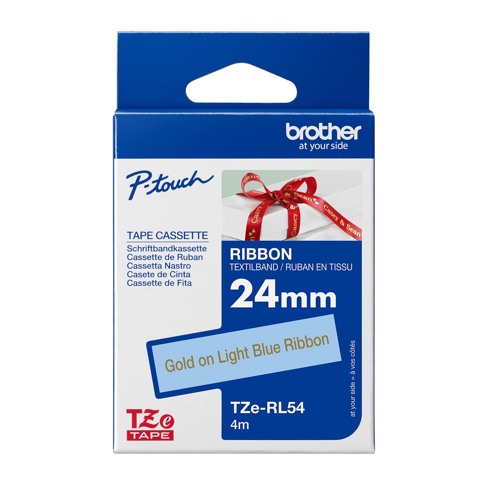 Brother TZe-RL54 Labelling Tape Cassette, Gold on Light Blue, 24 mm (W) x 4M (L), Ribbon Tape, Brother Genuine Supplies