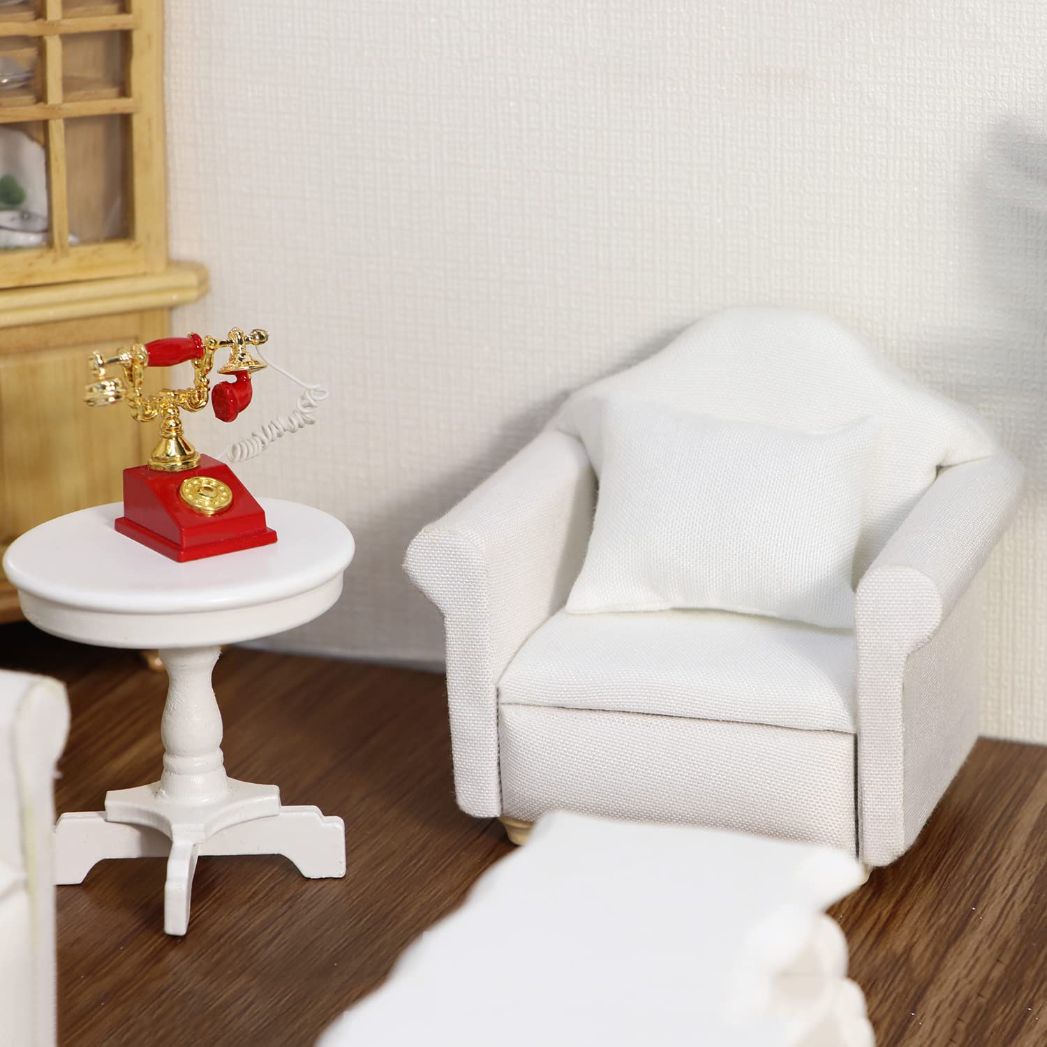 Dollhouse Couch with Pillow 1 12 Scale Miniature Sofa Arm Chair Living Room Furniture Wooden Fabric Frame Single Reading Chair Artificial House Room Scene Decoration (White)