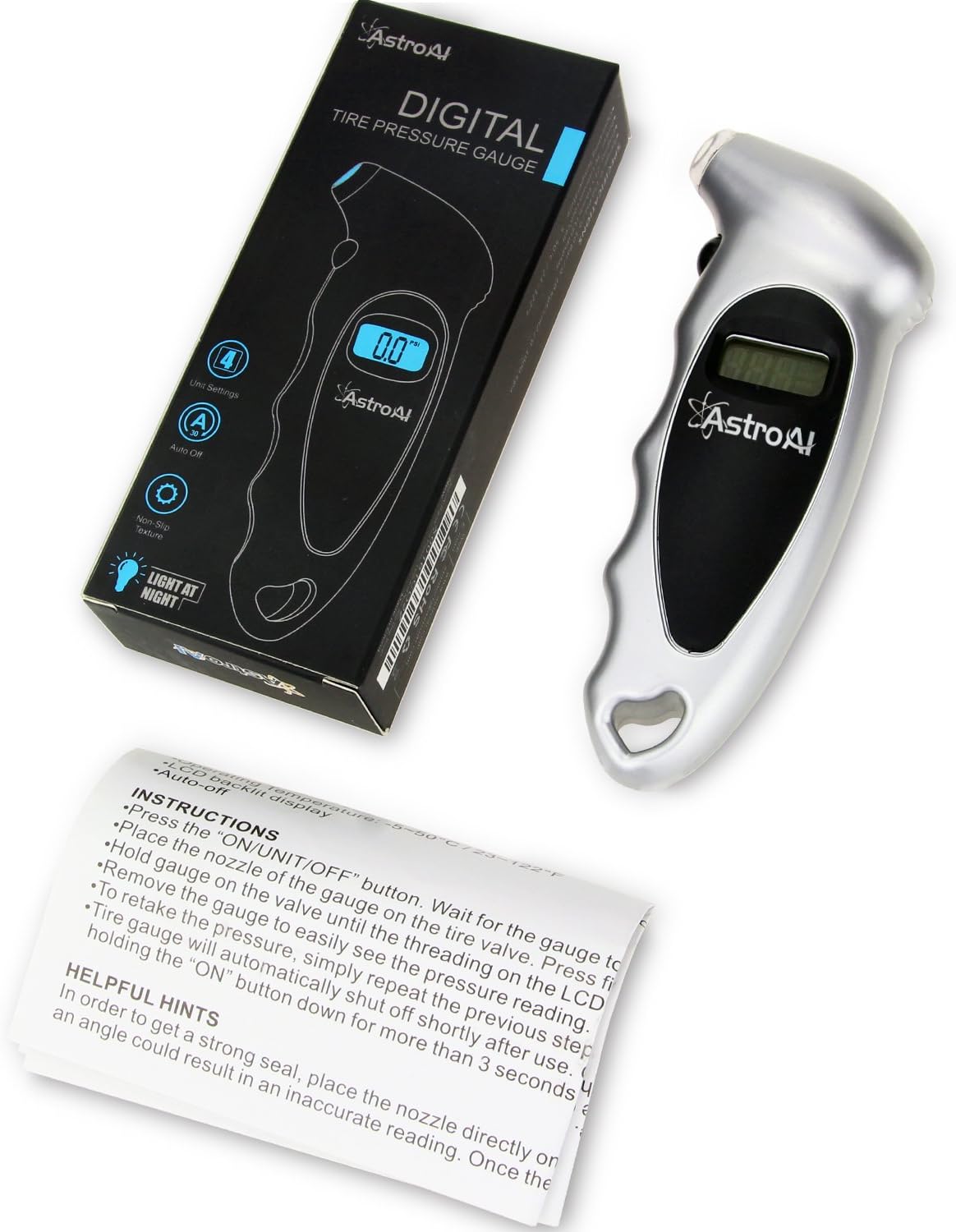 AstroAI Digital Tire Pressure Gauge 150 PSI 4 Settings for Car Truck Bicycle with Backlit LCD and Non-Slip Grip, Silver (1 Pack): Automotive