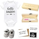 Pregnancy Announcement for Dad - Hello Daddy Baby Onesie, Baby Shoes, Pregnancy Test Keepsake Box, Pregnancy Reveal Card - Surprise Baby Announcement Gifts Set for Husband Partner
