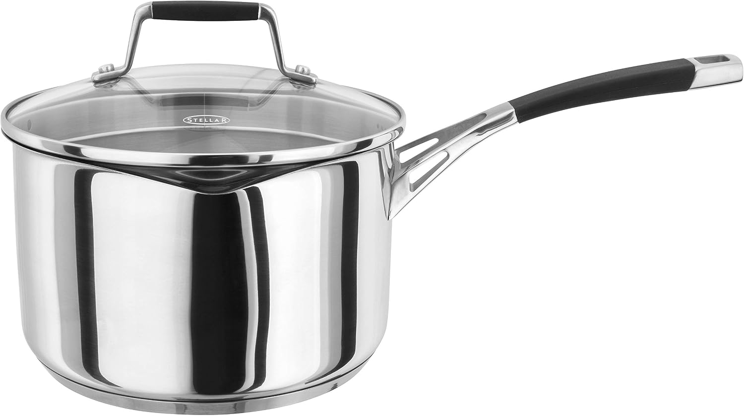 Stellar Flow 20cm Saucepan with Draining Lid, 3 Litre Capacity, Stainless Steel Cooking Pot, Oven Safe Cookware