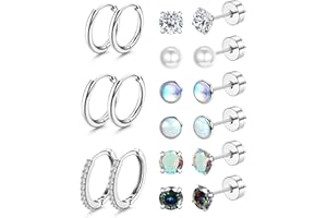 YADOCA Hypoallergenic Surgical Steel Earrings - Flat Back Stud Earrings for Women Men - 20G Small Cubic Zirconia Opal Hoop Studs - Screw Back Cartilage Earring Sets for Multiple Piercing
