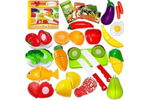 FUNERICA Cuttable Play Food, Fruits and Vegetables for Kids, Pretend Kitchen Toy Accessories Set with Knives, Cutting Board, Plates - Cutting Food for Toddlers and Kids