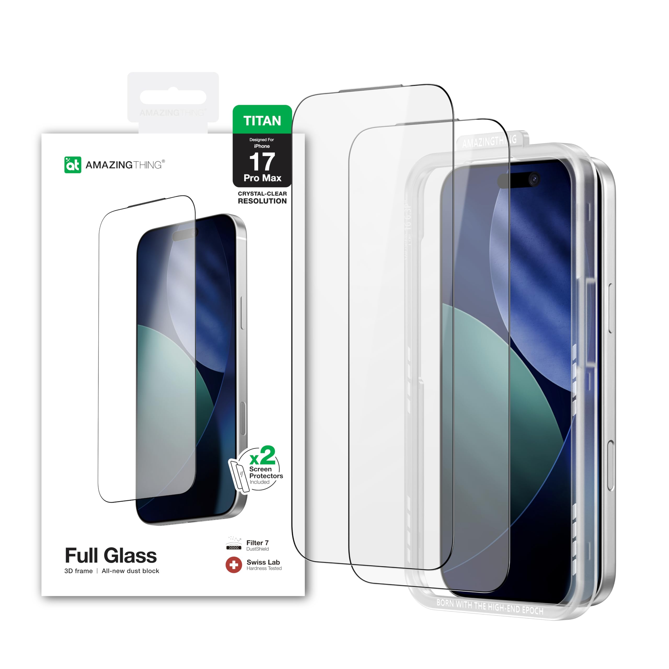 Photo 1 of AMAZINGthing for iPhone 17 Pro Max [Titan Filter 7 - Full Glass] Screen Protector, Ultra Clear, 9H Tempered Glass, Full Coverage, Case?Friendly, Oleophobic, Alignement Frame, 2 Pack