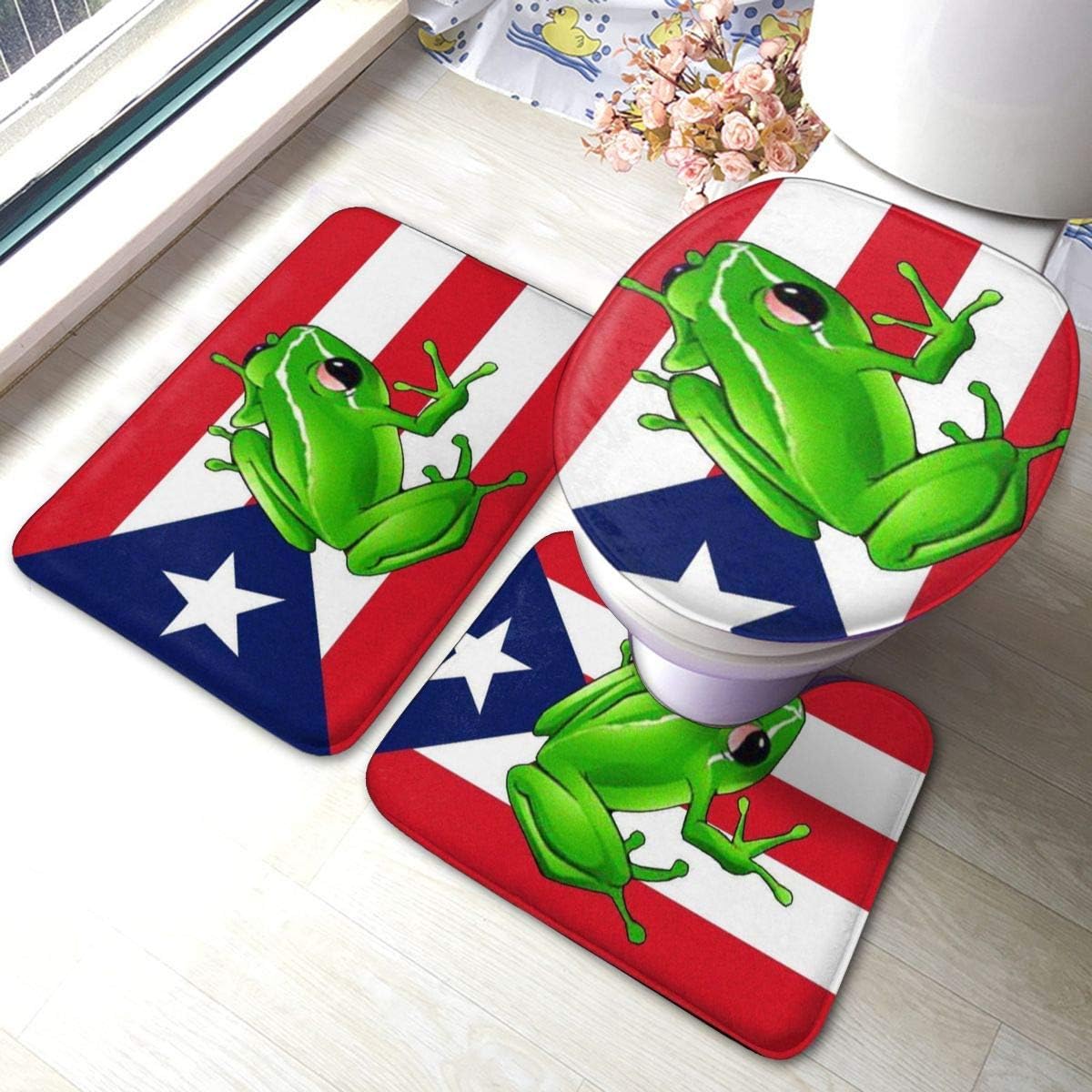 Kcmical Bandera de Puerto Rico con Rana Juego de 3 alfombras de baño de