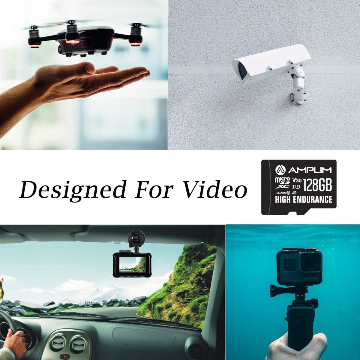 Amplim High Endurance 128GB MicroSDXC Card for Video Monitoring Cameras - Dash Cam, Body Cam, Surveillance Cam, Home Security Cam, Drone, Action Camera. U3, V30, A1, 4K UHD, Micro SD TF with Adapter: Computers & Accessories