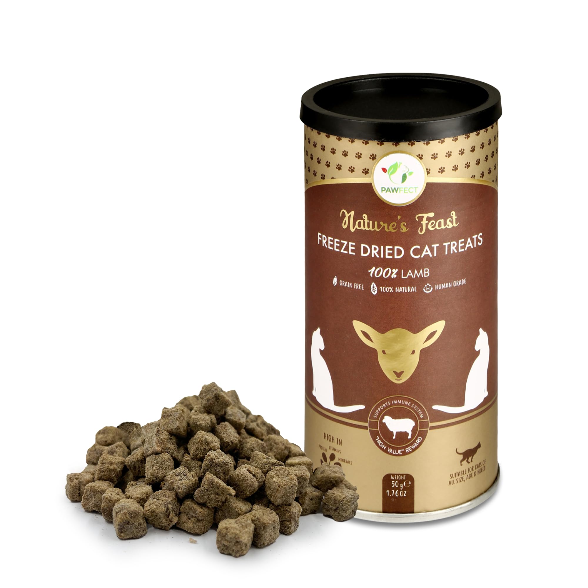 Pawfect Nature's Feast Freeze-Dried Lamb Meat Treats for Cats- All Natural- Hypoallergenic- Easily Digestible- Grain-Free- Training Treat- High Protein- Low Fat- Single Ingredient Treats (50g/1.76oz)