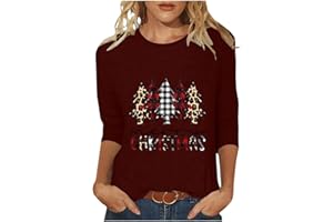 HNODOV Merry Christmas 3/4 Sleeve Tops for Women Cute Xmas Tree Tshirts Plus Size Crew Neck Blouse Soft Holiday Pullover Tees