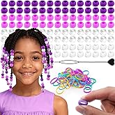 120Pcs 14mm Large Silicone Beads for Hair Braids, Soft Jellyish Hair Beads with 7mm Hole + 50 Rubber Bands and 1 Beader for Braiding, DIY Bracelets Necklaces Crafts (Purple)