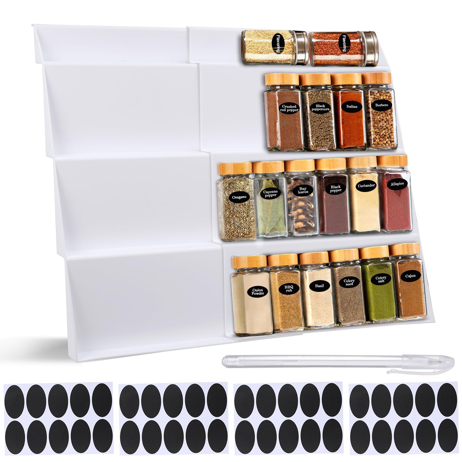 Fentar 2Pcs Spice Drawer Organiser, Expandable Spice Rack 30 to 60cm, 4-Tier Stepped Spice Drawer Insert, Stable Kitchen Spice Rack for Inside Drawer, Spice Organiser Seasoning Rack with 40 Labels