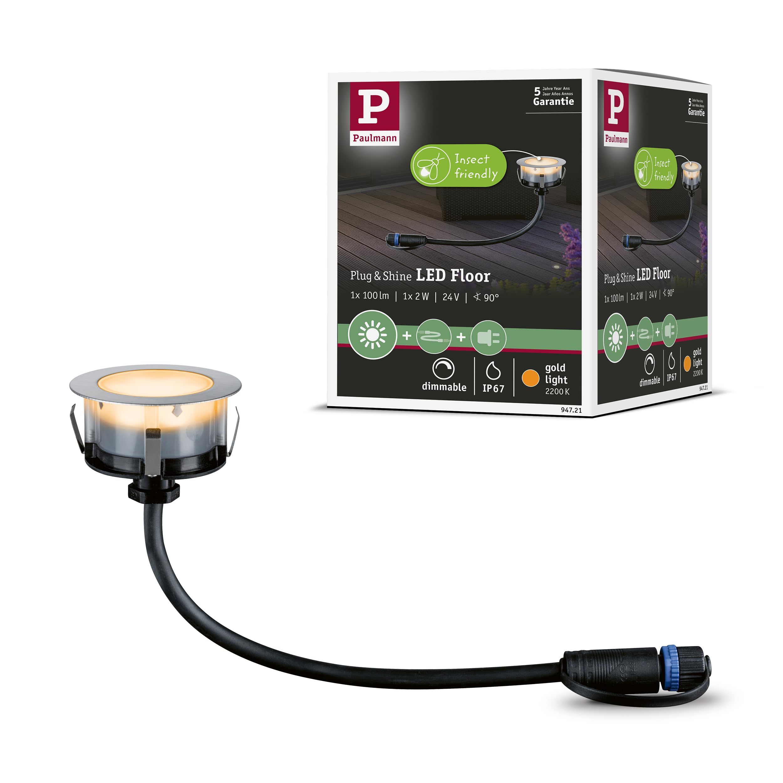 Paulmann 94721 Plug & Shine LED outdoor luminaire recessed floor luminaire Floor insect-friendly IP67 2200K 2W silver round dimmable stainless steel