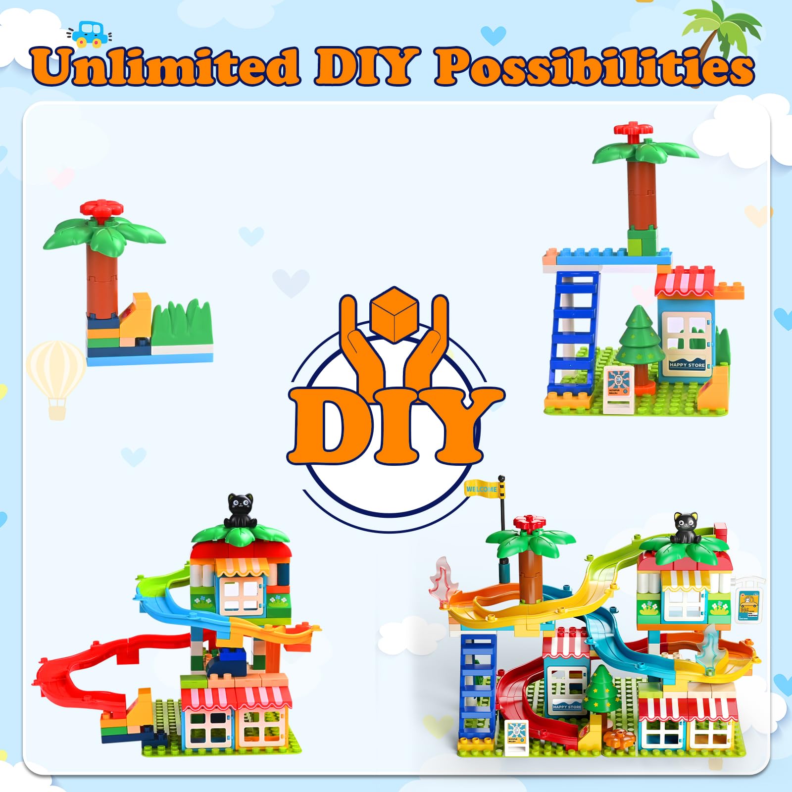 Marble Run Building Blocks,Classic Large Blocks Maze Track Sets with 4 Cars,STEM Toy Bricks Maze Puzzle Set Race Track Compatible with Major Brands for Age 3 4 5 6 7 8+ Boys Girls Gift