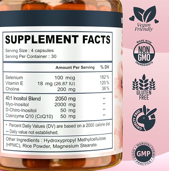 MYO-INOSITOL & D-CHIRO INOSITOL SUPPLEMENT FOR WOMEN – IDEAL 40:1 RATIO COMPLEX FOR FERTILITY, HORMONAL BALANCE, MENSTRUAL CYCLE & OVARIAN HEALTH SUPPORT WITH COQ10, CHOLINE & SELENIUM – 120 CAPSULES