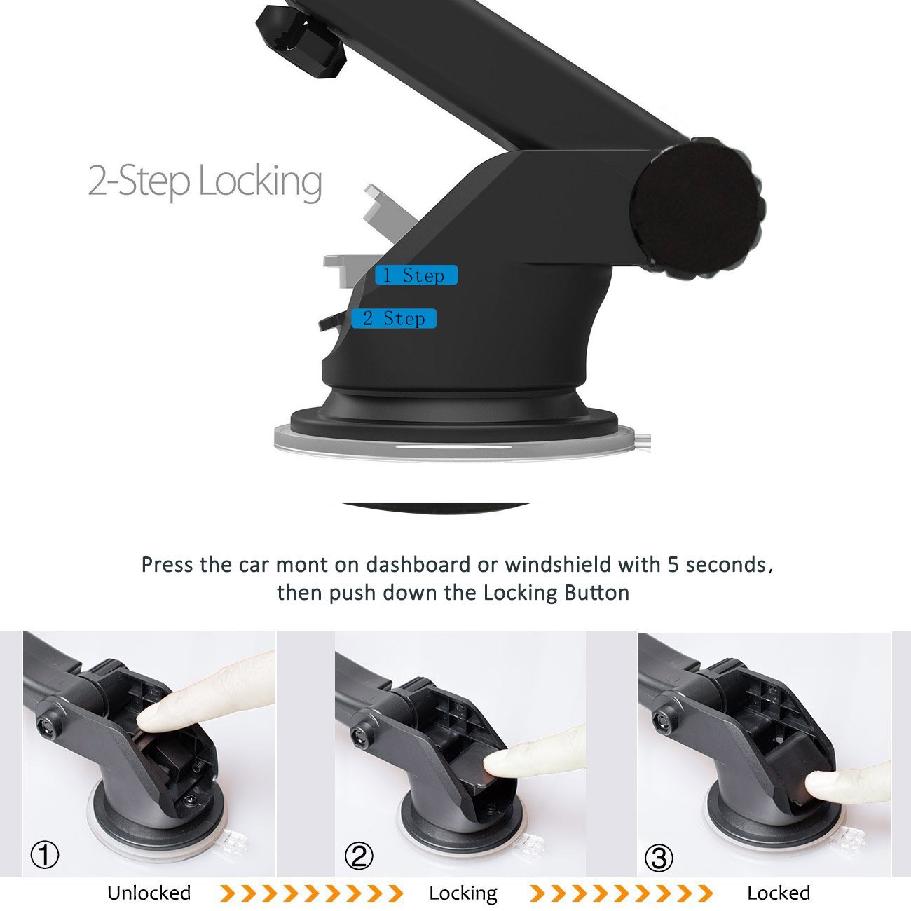 Stable Car Mount Phone Holder,Universal Windscreen Dashboard Mobile Phone Mount Car Cradle Suction Cup Adjustable Long Telescopic Arm with Auto Release for iPhone 7 Plus/7/6S Plus/6Plus/6S/6/5,Samsung Galaxy S8 S7 S6 Note 5/4/3 HTC, Nokia, 