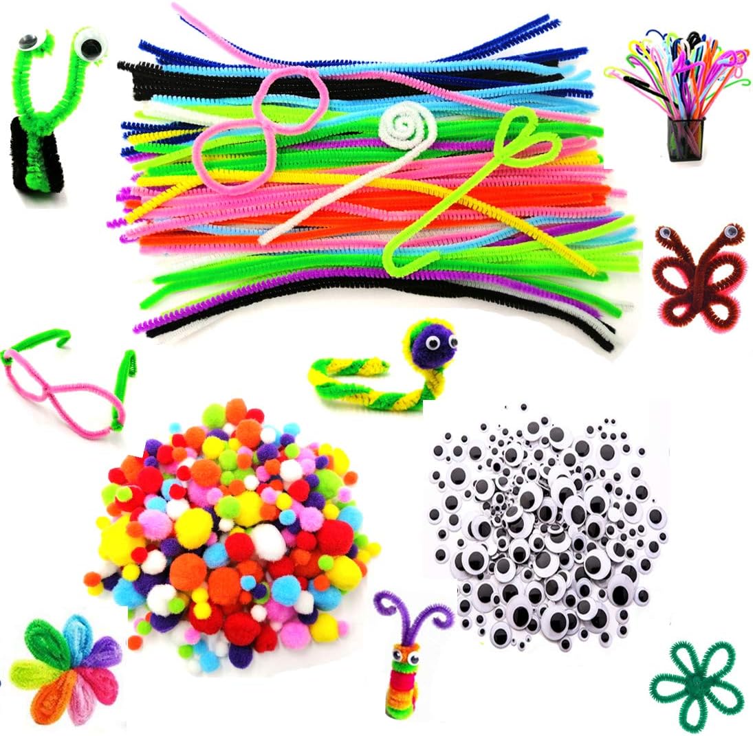500pcs Pipe Cleaners Set 100pcs chenille stems 250pcs Pom poms 150pcs Wiggle googly eyes, Assorted Colors DIY Craft Decoration Party Favor Supplies As Educational Toy for Kids Handmade DIY Craft