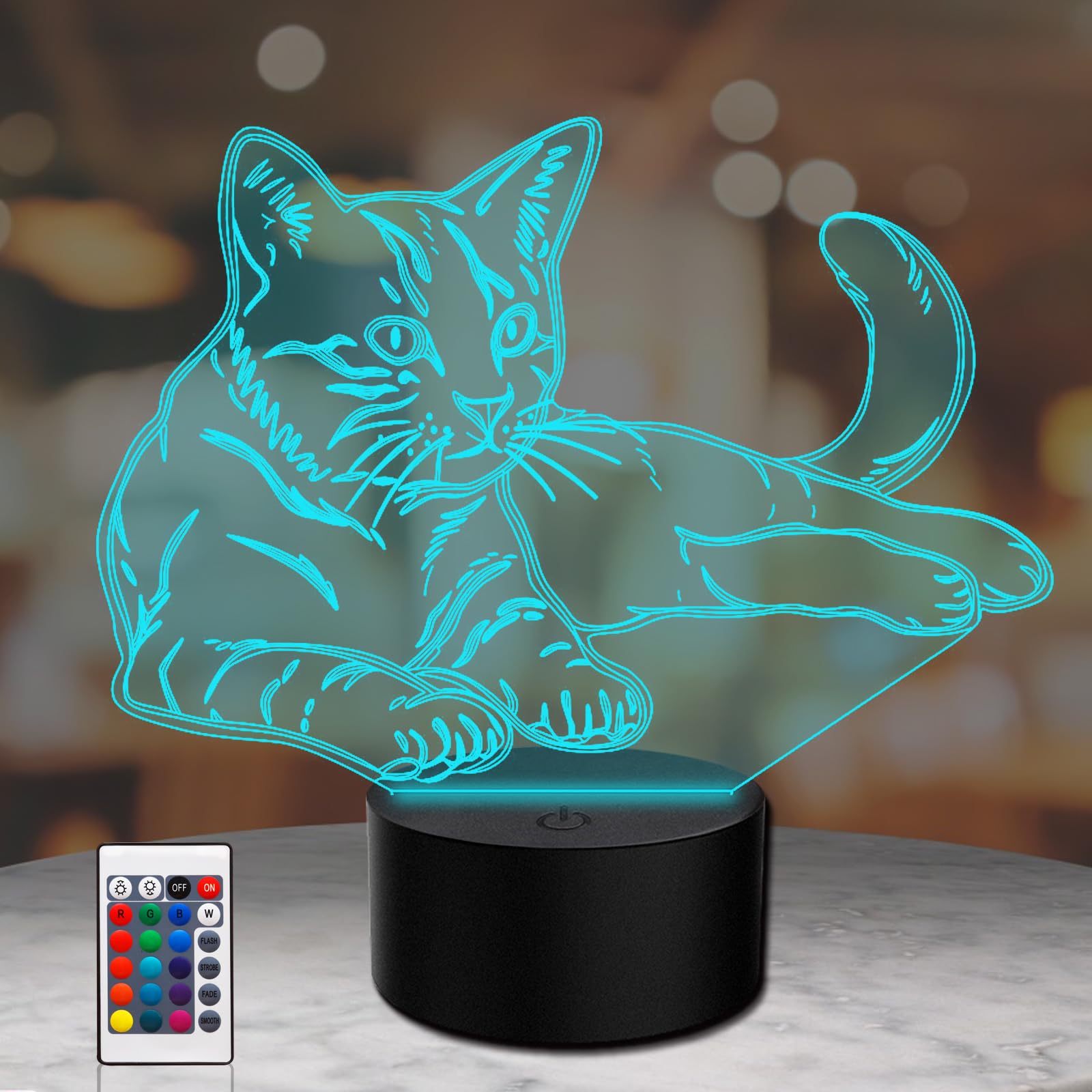 PONLCY 3D Illusion Lamp Cat Led Night Light, 16 Colors Changing USB Desk Lamps with Remote Control, Bedroom Decoration Table Lights for Kids Birthday Gifts