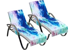 Vaukki 2 Pcs Chaise Lounge Covers, Pool Beach Chair Towel with Side Pockets, Beach Chair Covers for Pool, Beach and Garden (Blue and Purple, 85''x30'')