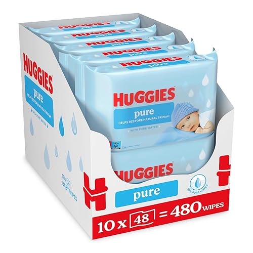 Huggies Pure Plastic Free Baby Wipes – 99% Water Wet Wipes, Fragrance Free, Hypoallergenic, better cleaning, soft and gentle on babies' delicate skin– Pack of 10 (480 Wipes)