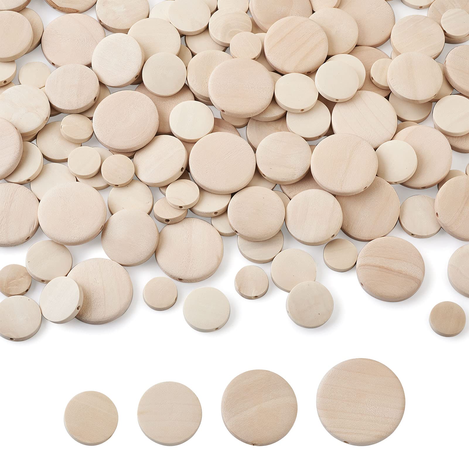 Cheriswelry 160pcs Unfinished Flat Round Wood Coin Beads Natural Wooden Disc Circle Spacer Loose Beads Charms Board Tags for DIY Jewellery Crafts Making(15/20/25/30mm)