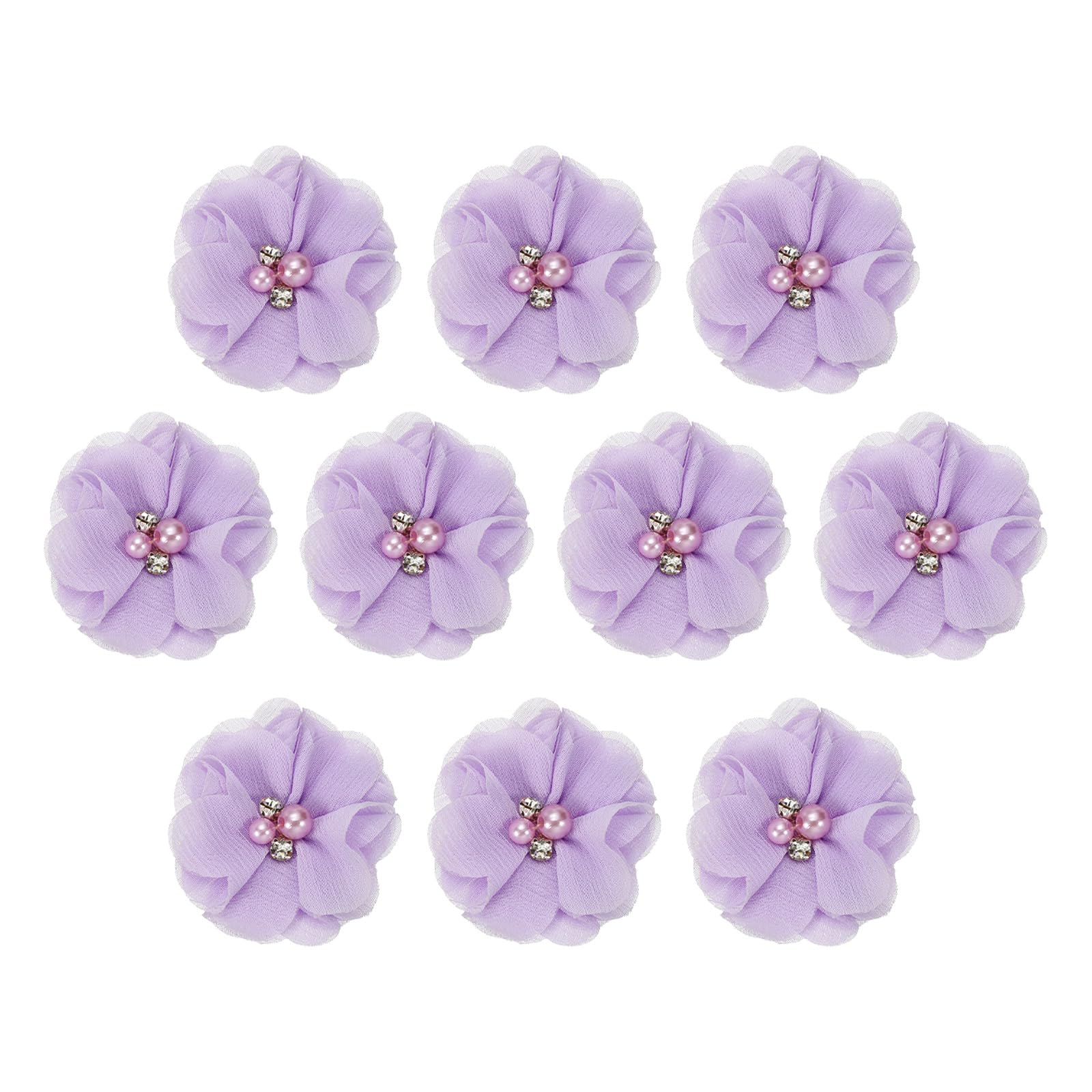 PATIKIL 2" Chiffon Flowers, 10Pcs Fabric Flowers Sewing Appliques Embellishments with Rhinestone Pearl for DIY Crafts Wedding Headbands Party Decoration, Purple