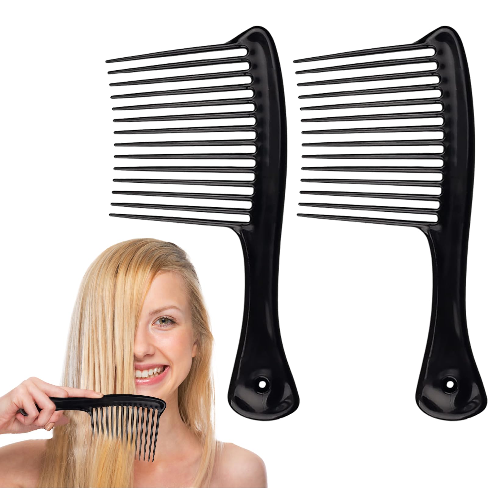 2 Pcs Afro Hair Comb Long Teeth Black Plastic for Long Curly Thick Dry Wet Hair Girls Women
