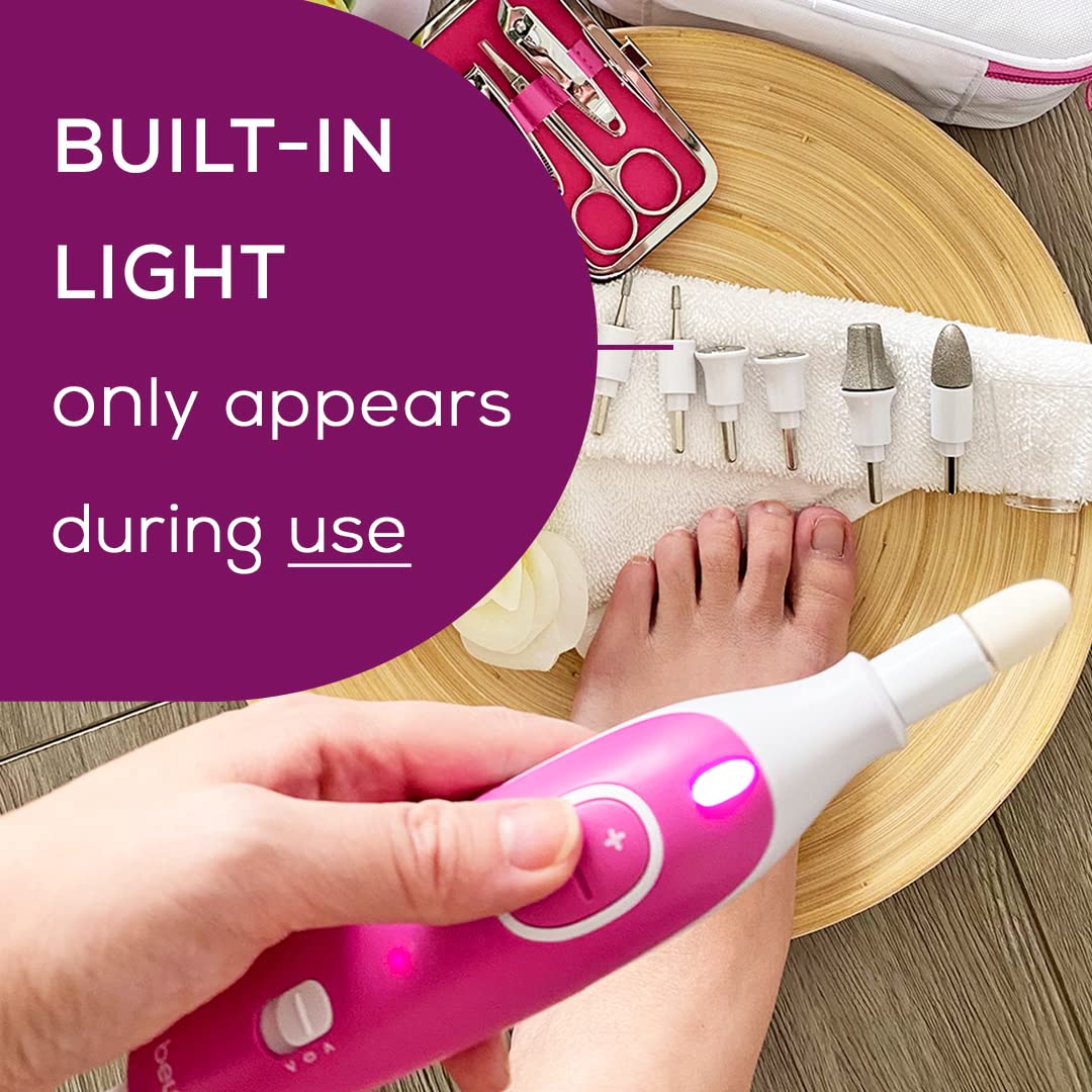 Beurer MP44 Professional Manicure and Pedicure Nail Drill Set, E-File with 7 attachments, LED Light, Electric Nail File with Additional Manual Nail kit, Pink