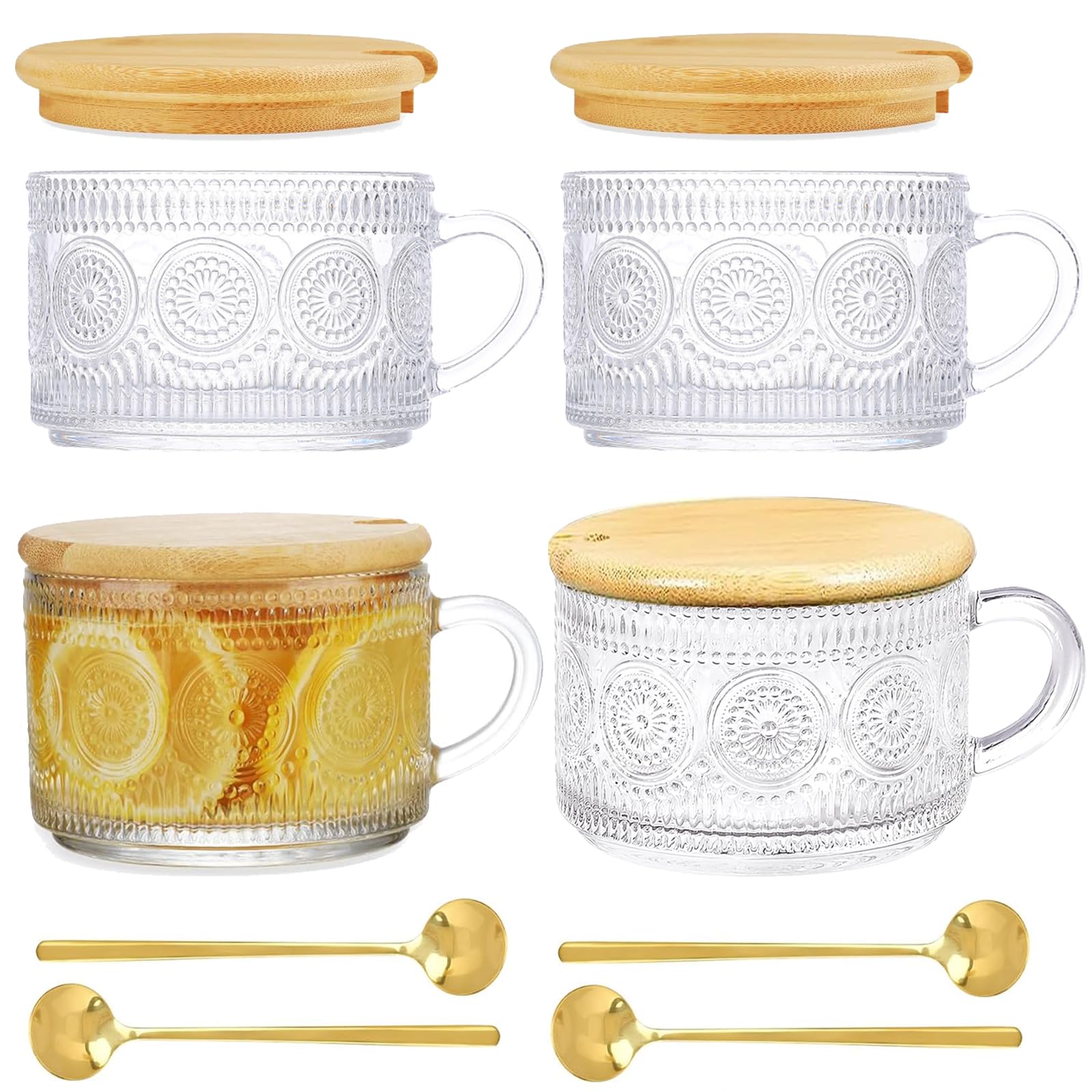 4pcs Clear Glass Cups with 4 Bamboo Lids 4 Spoon, 450ml/15oz Embossed Coffee Cups with Handle, Tea Containers for Christmas Thanksgiving Gift, Mugs for Cappuccino, Latte, Cereal, Yogurt, Beverages
