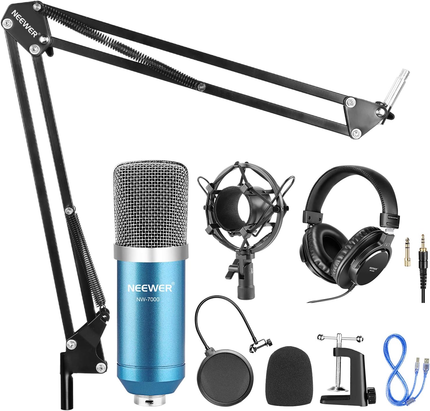 Neewer USB Microphone with Suspension Scissor Arm Stand, Shock Mount, Monitor Headphone, Pop Filter, USB Cable and Table Mounting Clamp Kit for Sound Recording for Windows and Mac (Blue/Silver): Musical Instruments
