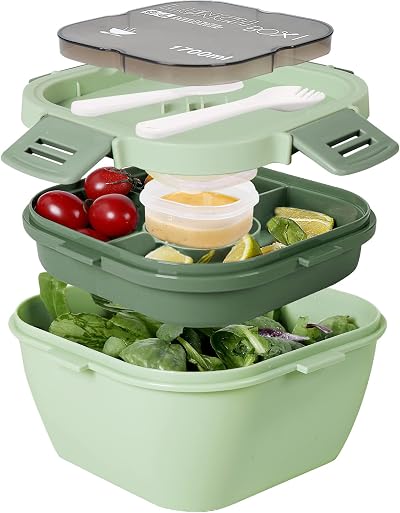 Greentainer Salad Container Lunch Box 1700ml with Cutlery Green