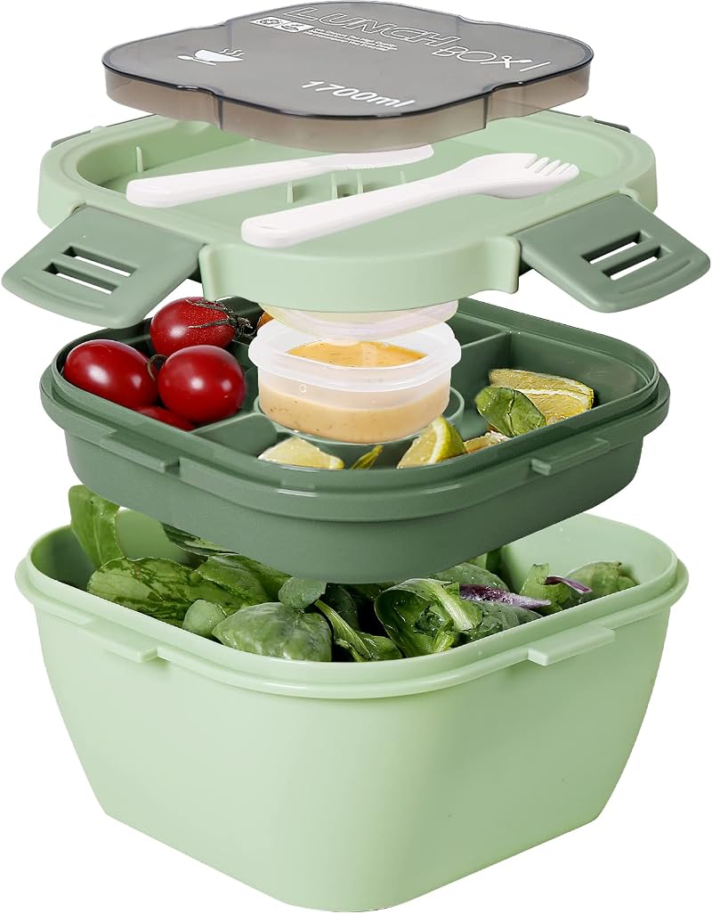 Greentainer Salad Container Lunch Box 1700ml with Cutlery Green