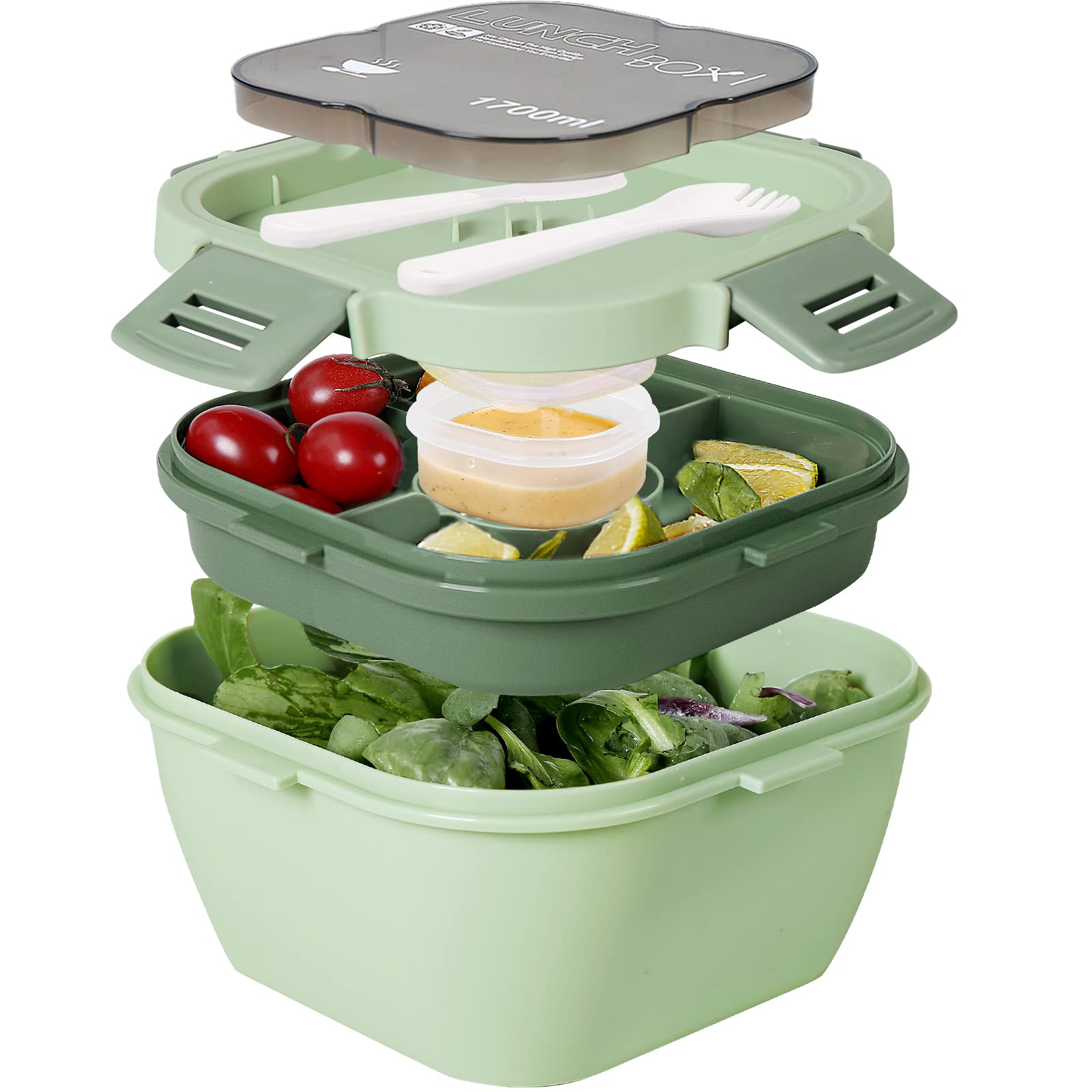 Greentainer Salad Container Lunch Box with Cutlery for Adults and Children,Salad Box to Go with Compartment Tray,Bento Box for School,Work,Picnic,Travel,Leakage Proof Snack Box |1700ml,Green