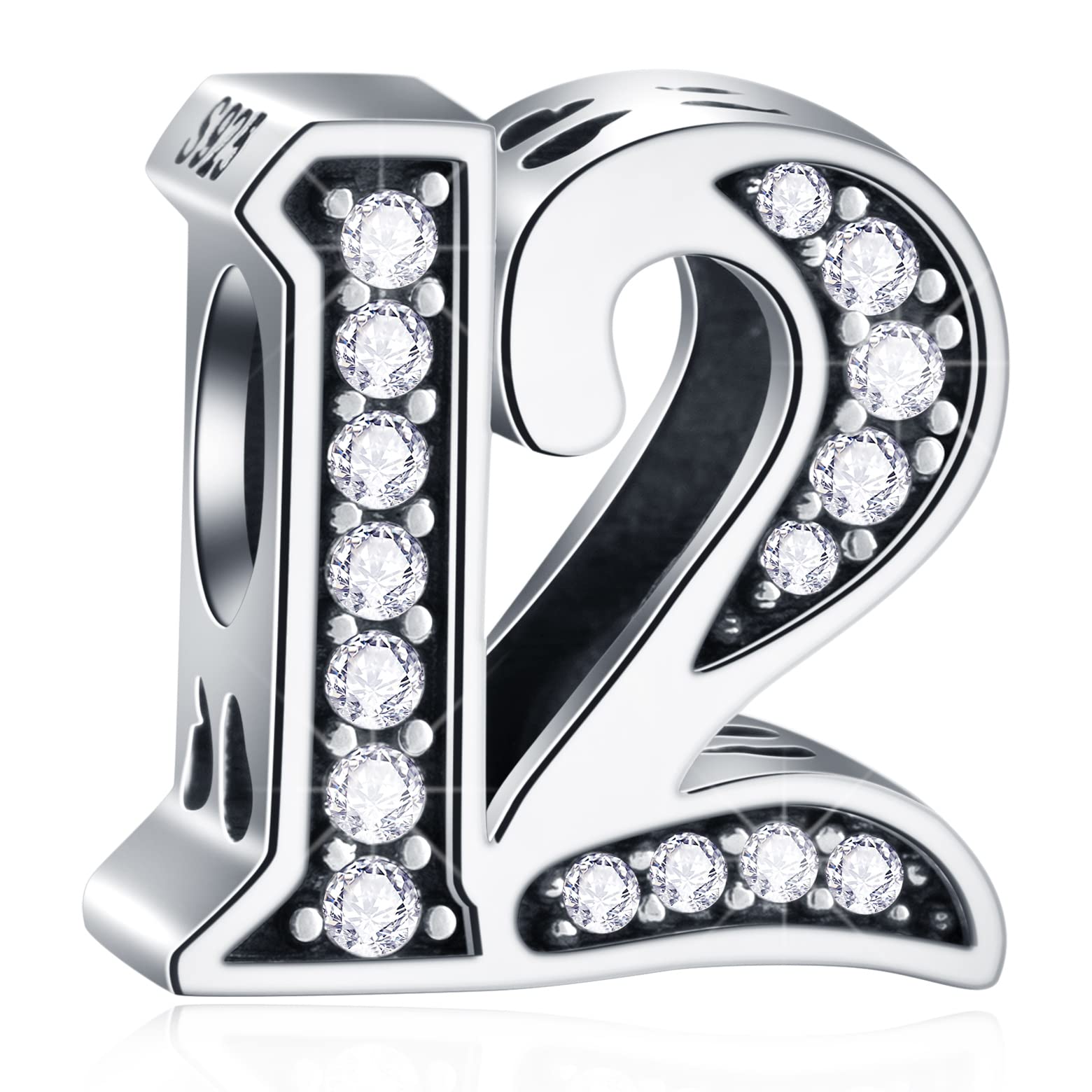 12 Birthday Charms fits Pandora Women Bracelet, 925 Sterling Silver 12th Anniversary Beads with CZ Birthstones, Number 12 Years of Love Gifts for Girl/Boy/Children — image 1