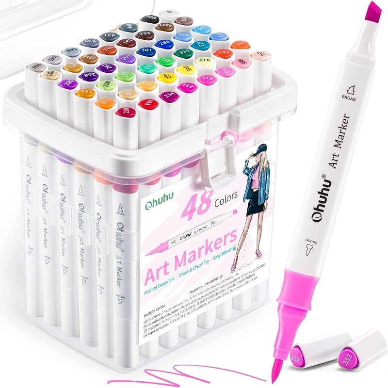 Ohuhu 48 Colour Alcohol Markers Dual Tip Brush & Chisel Set