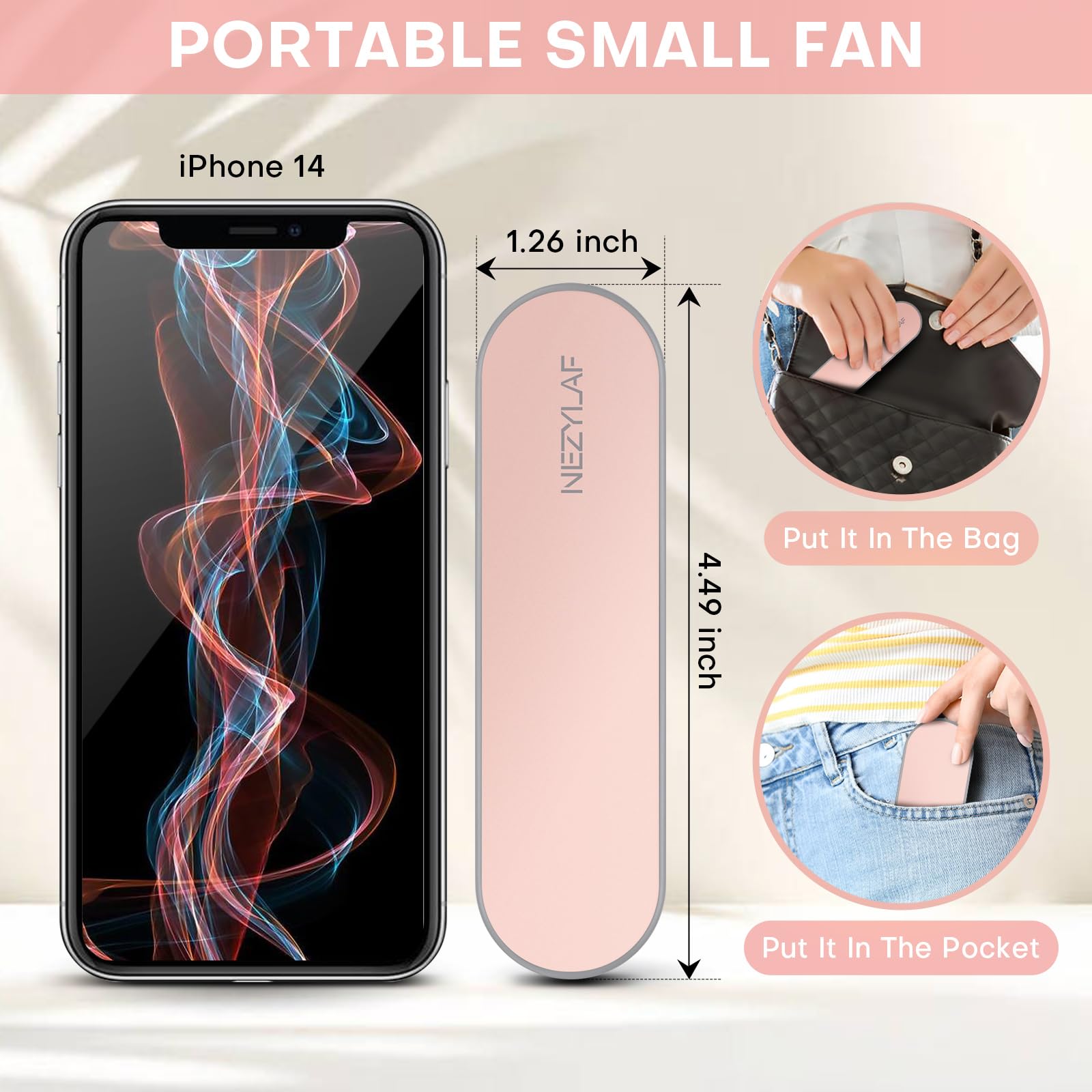 Nezylaf Portable mini handheld Fan, small Rechargeable Personal Fan for 9-15 Hours Runtime, Pocket Design for Travel/Women Essentials/vacation/beach/vacation/airplane/disney