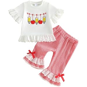 Kavousa Toddler Girl School Kindergarten Pre K Outfit Short Ruffle Sleeve Top and Plaid Flare Pants Set Baby Summer Clothes